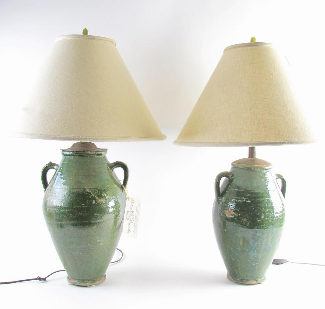 Two Olive Oil Jars, Converted To Lamps, 19th Cent: Two similar antique French olive oil jars, fitted as lamps, 19th century, 31"h (few chips consistent with age)