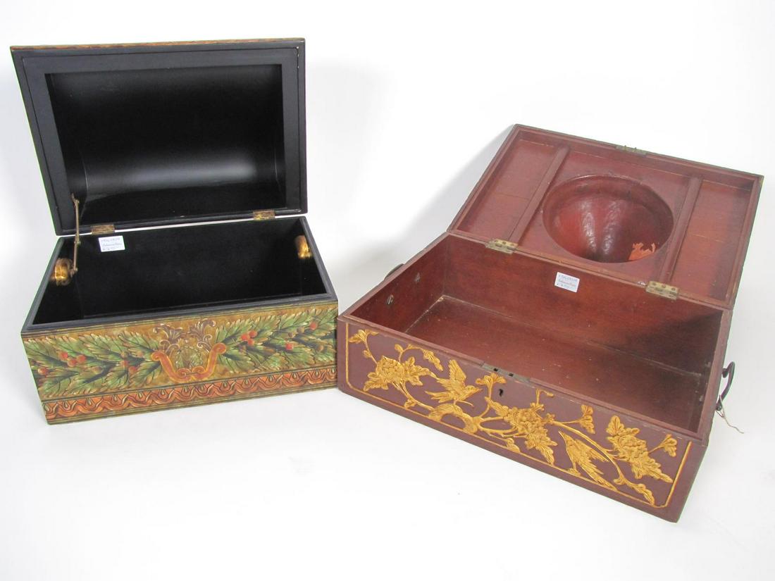 Two Decorative Boxes: Two decorative accent boxes, both with hinged lid and various decoration, 13.5 x 19 x 14"h and 12 x 16.5 x 12"h