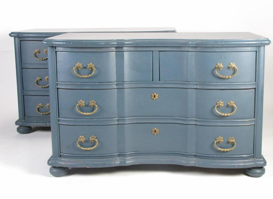 Pair of Painted Blue Low Chests: A pair of low chests, 2 full drawers, 2 half drawers, painted blue, on round foot, brass pulls and escutcheons, 45 x 22 x 29"h