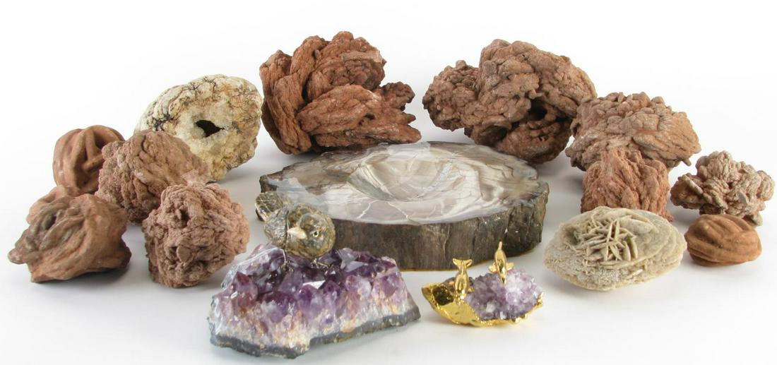 17 Stone and Mineral Decorative Accessories: 17 Stone and Mineral Decorative Accessories including: 12 dessert rose stones; carved petrified wood dish; stone bird and amethyst sculpture; gold dolphin and amethyst sculpture; geode stone; 1.25"-4"