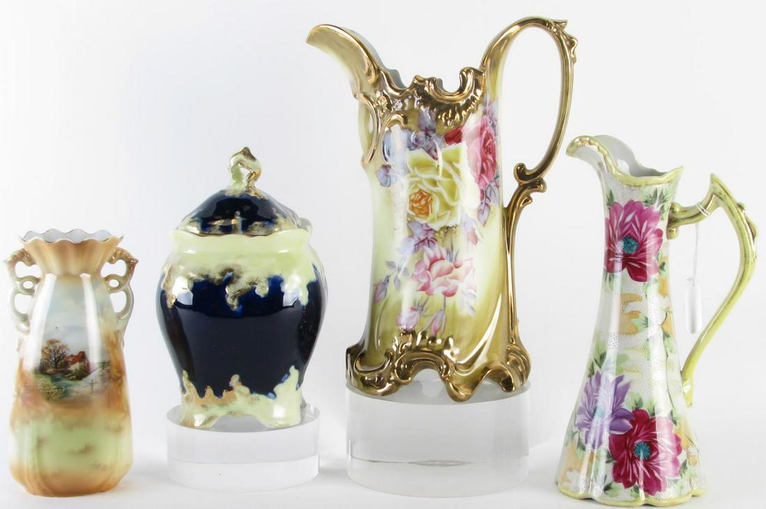 Four Decorated Porcelain Items: Four Decorated Porcelain Items, including: Nippon hand painted ewer with red and yellow rose decoration and trimmed in gold; hand painted and enameled ewer with red and lavender floral decoration; han
