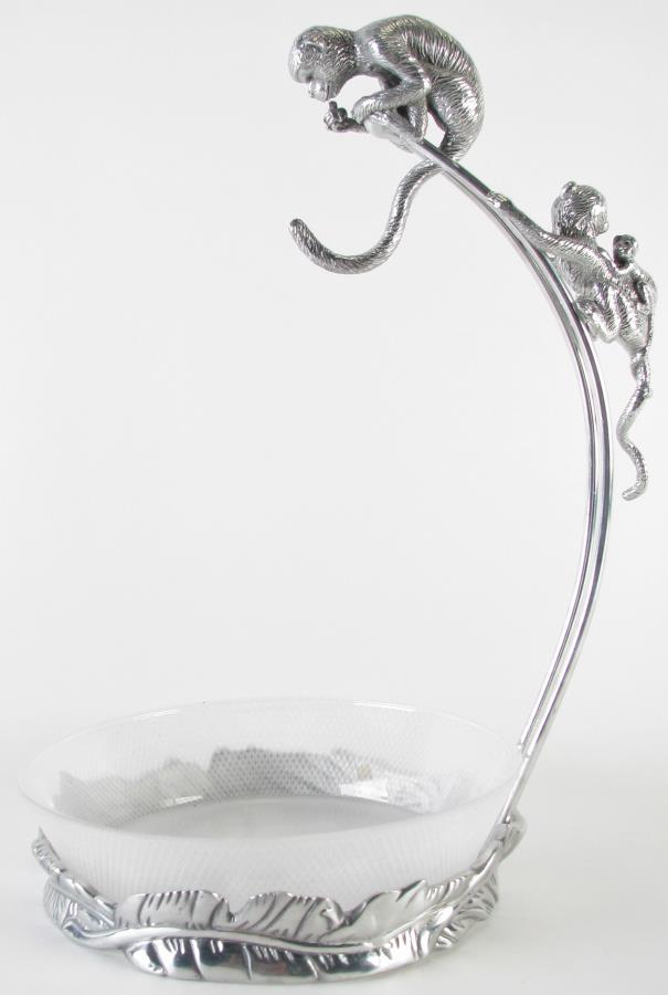 Arthur Court Monkey Banana Holder with Bowl: An Arthur Court aluminum alloy monkey decorated banana holder with frosted glass bowl, signed on inside of rim, 16" high