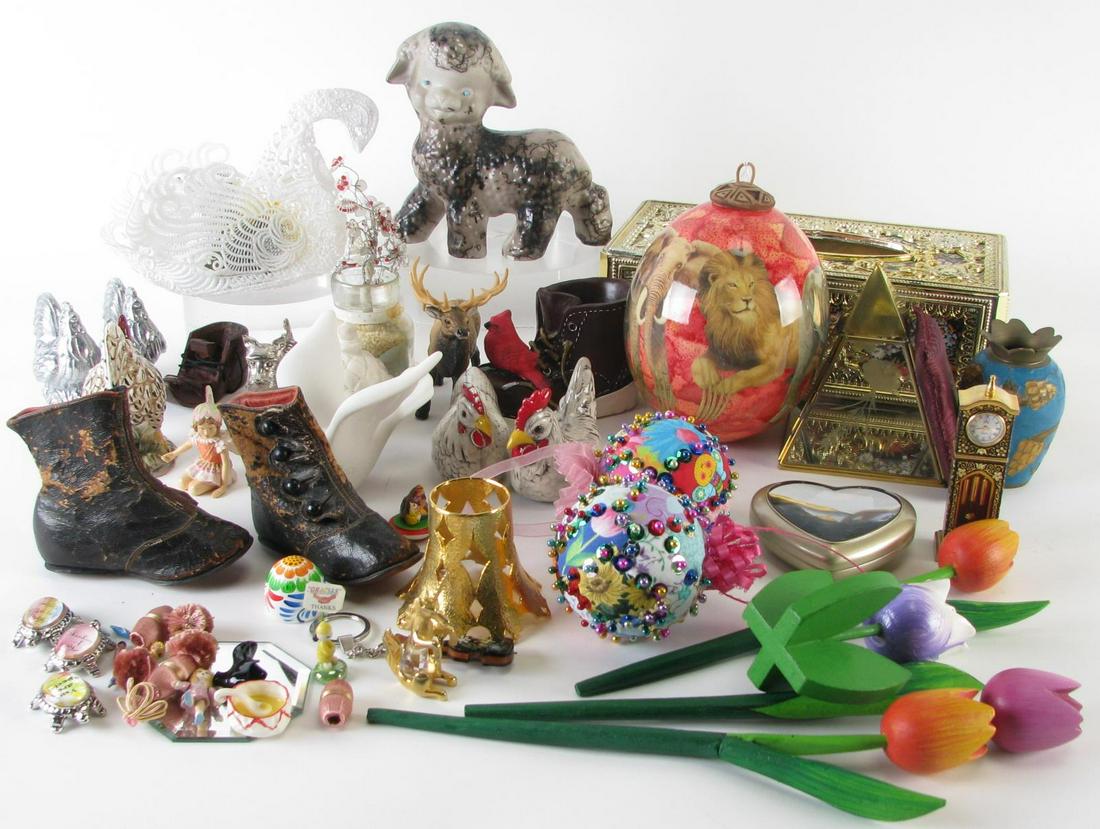 Collection of Decorative Accessories: Collection of Decorative Accessories, approximately 40 pieces including: ornaments; leather baby shoes; triangle display box; tissue holder; brass vase; salt and pepper shakers; large porcelain egg wi