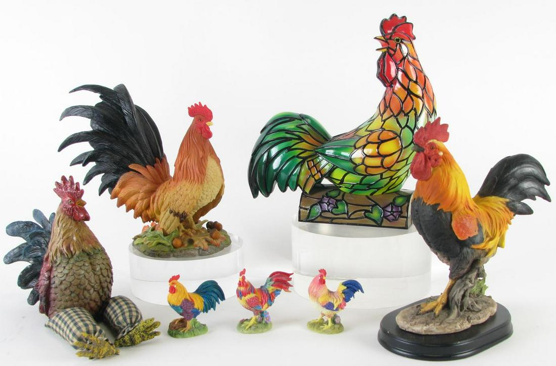 Seven Miniature Roosters, Lenox: Seven miniature decorative rooster figures including Lenox "Autumn's Call" depicting foraging rooster; a composite strutting rooster; multi-colored plastic perched rooster; a composite and fabric roos
