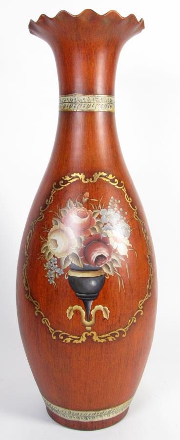 Monumental Pottery Floor Vase: Monumental Pottery Floor Vase, having a rust painted ground with floral and raised gold decoration, scalloped rim, 48' high