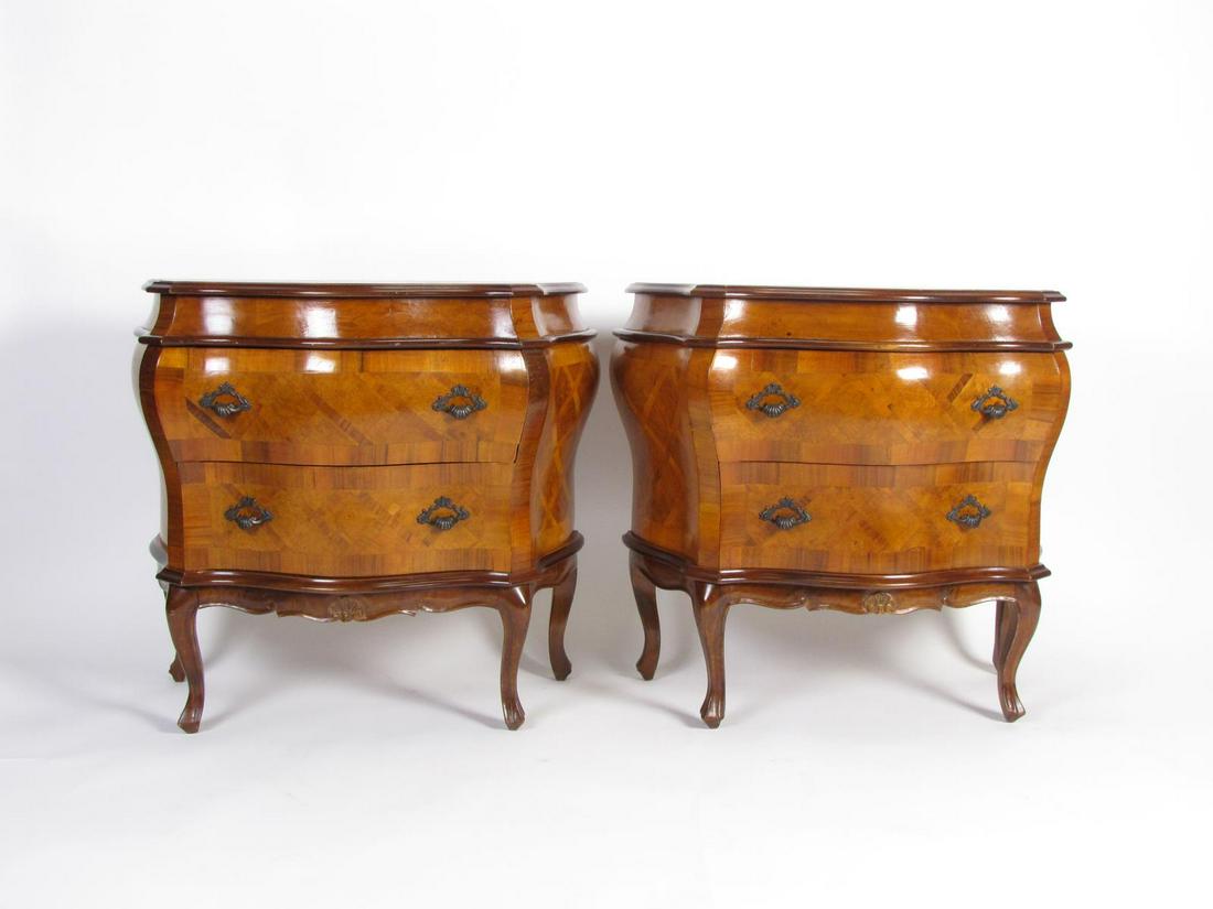 Pair of Bombe Italian Commodes: An Italian pair of Bombe commodes, parquetry inlaid top, label from LJ Newton Co, NY, label on interior, 31 x 14 x 28