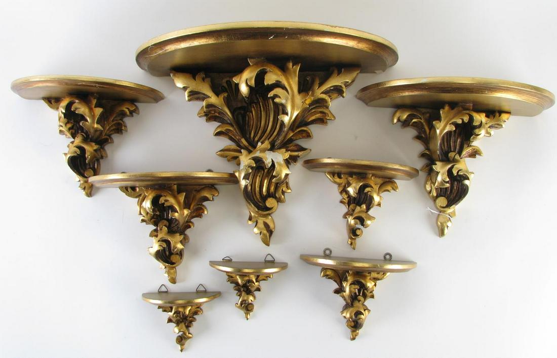 Eight Carved Wood Gold Gilt Wall Sconces: Eight carved wood, gold gilt wall sconces including three pair of graduated size; 4" to 12" high