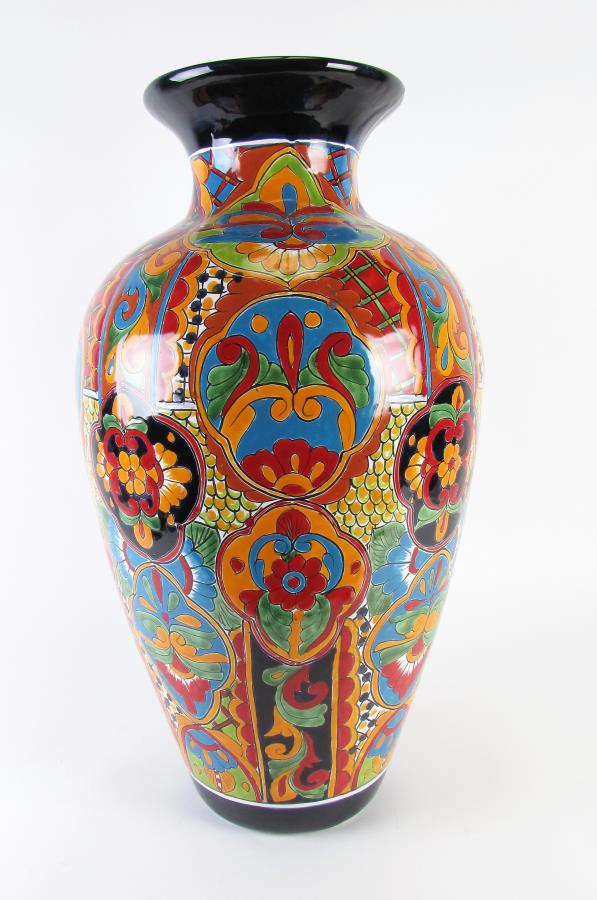 Mexican Pottery Floor Vase: Mexican pottery floor vase, cobalt blue ground with red, orange and green floral decoration, flared cobalt rim, 27.5" high