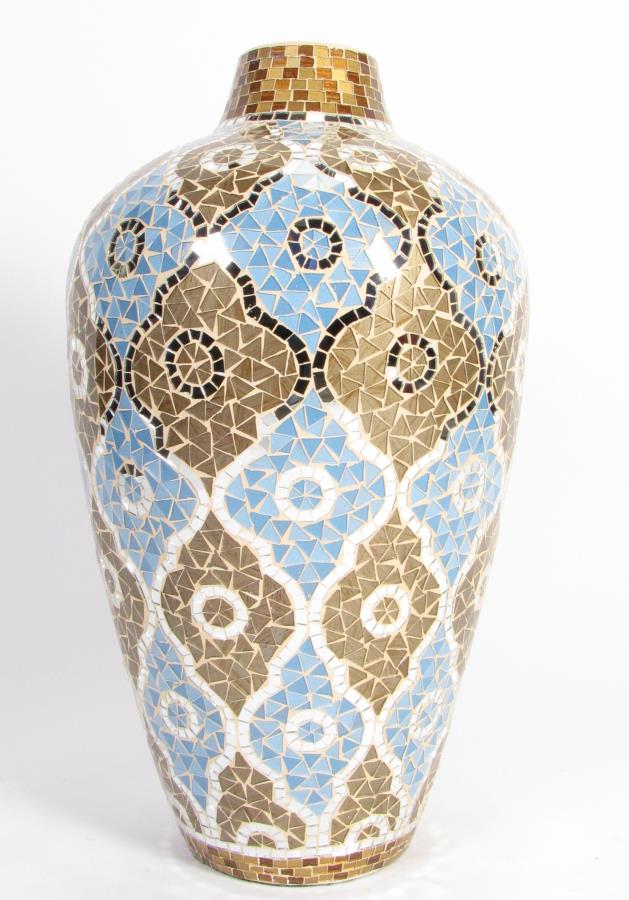 Mosaic Pottery Floor Vase: Mosaic Pottery Floor Vase, tan vase with applied glass and mirror mosaic decoration, narrow opening at top, 27" high