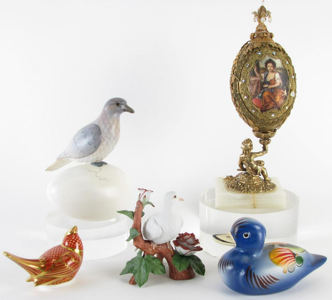 Group of Five Decorative Accessories: Group of Five Decorative Accessories, including: Narco figural egg clock depicting putti holding up jeweled egg clock, portrait on back door opens to reveal a German movement and porcelain mouse figur