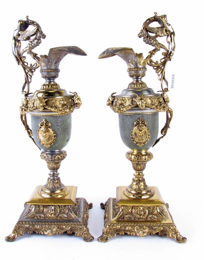 Pair of Mantle Decorations: A pair of ewer-formed mantle decorations with cast metal footed base and ormolu, figural handle, applied portrait medallions, painted metal body, 20.5" high