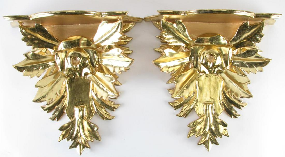 Pair of Carved Gold Gilt Wall Sconces: Pair of Carved Gold Gilt Wall Sconces, pair of wood carved sconces with gold gilt finish, 18.5" high