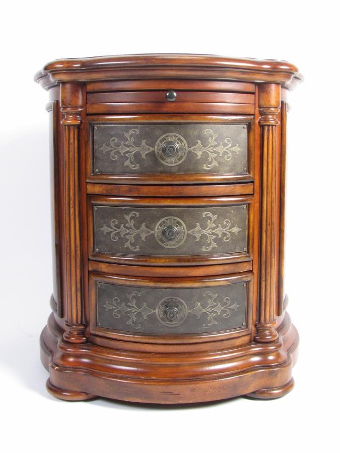 Decorator 3-Drawer Commode: A decorator quality 3-drawer commode, with pull-out tea shelf, by American Signature, with marble top insert, 25"dia x 28"h