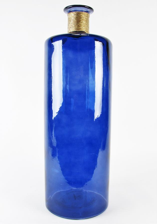 Spanish Cobalt Glass Floor Vase: A Spanish cobalt blue glass floor vase, bottle form, with gilt jute trim on neck, made with 100% recycled glass, 29.25" high