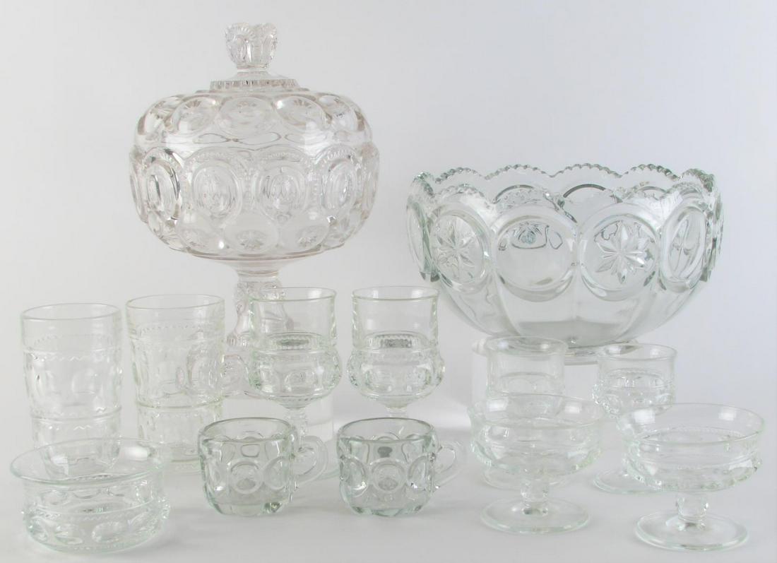 Collection of Clear Pattern Glass, 117 pcs: Collection of Clear Pattern Glass, 117 pcs including: (35) wine glasses; (19) tumblers; (24) dessert wine glasses; (12) sherbet; (12) bowls; lidded compote; compote; 10.5" punch bowl with 12 cups (cra