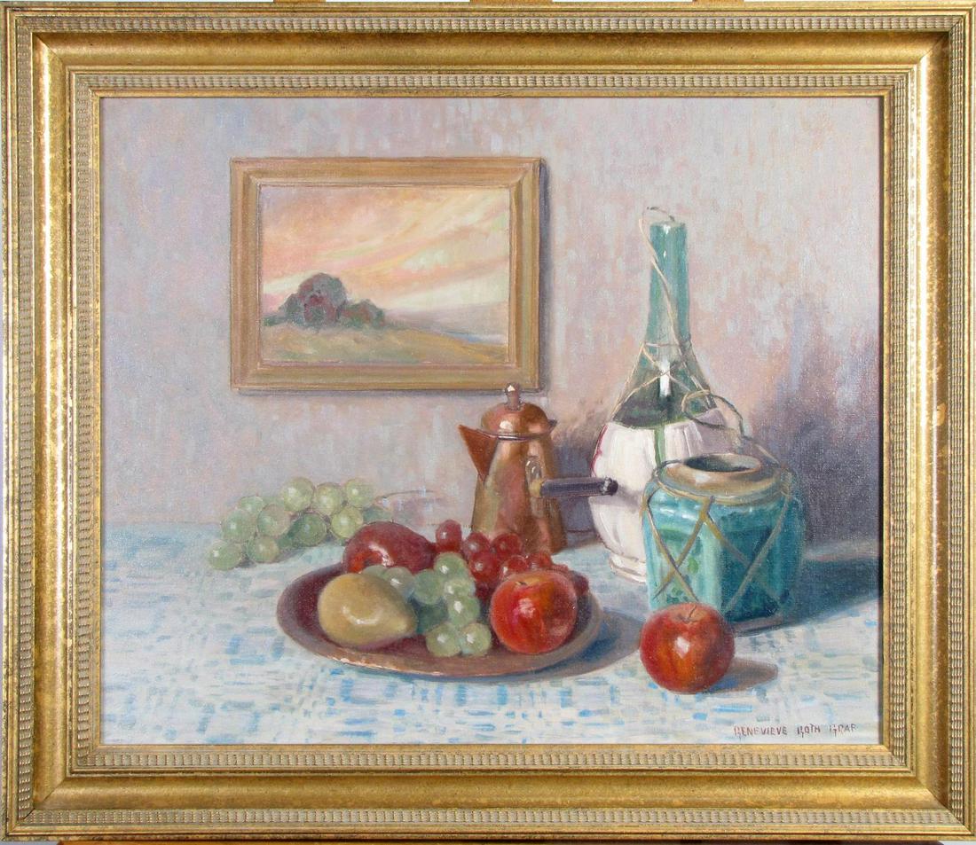 Genevieve Goth Graf 20x24 O/B Still Life: Genevieve Goth Graf (IN,1890 - 1961) 20x24 , O/B , signed lower right , Still Life , Depicting: Fruit, objects on table, painting