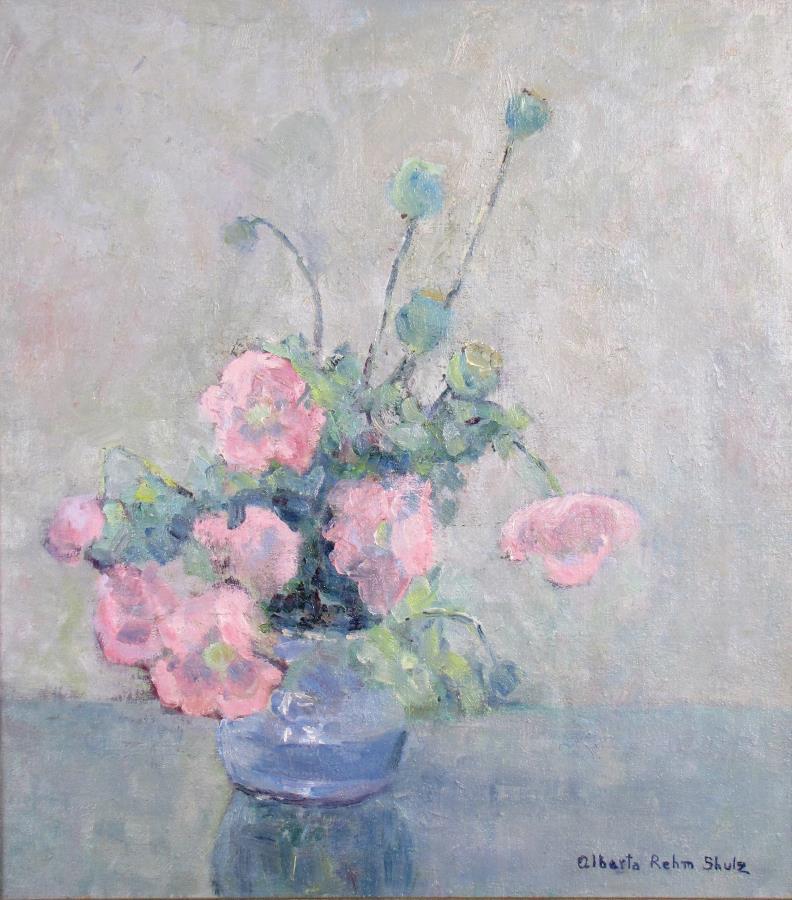 Alberta R Shulz 20x18 O/C Floral Still Life: Alberta R Shulz (IN,1892 - 1980) 20x18 , O/C , signed lower right , Floral Still Life , Depicting: flowers in vase
