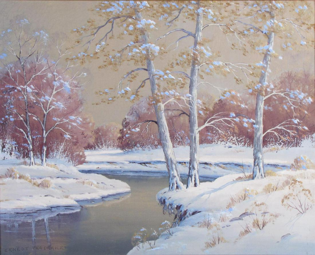 Ernest Fredericks 24x30 O/C Wintertime: Ernest Fredericks (IN/IL, 1877-1959) 24x30 , O/C , SLL , Wintertime , Depicting: Winter Pond, Ozarks Provenance inscribed on paper verso: "Near Springfield, Missouri, approaching the Ozark Mountains" 