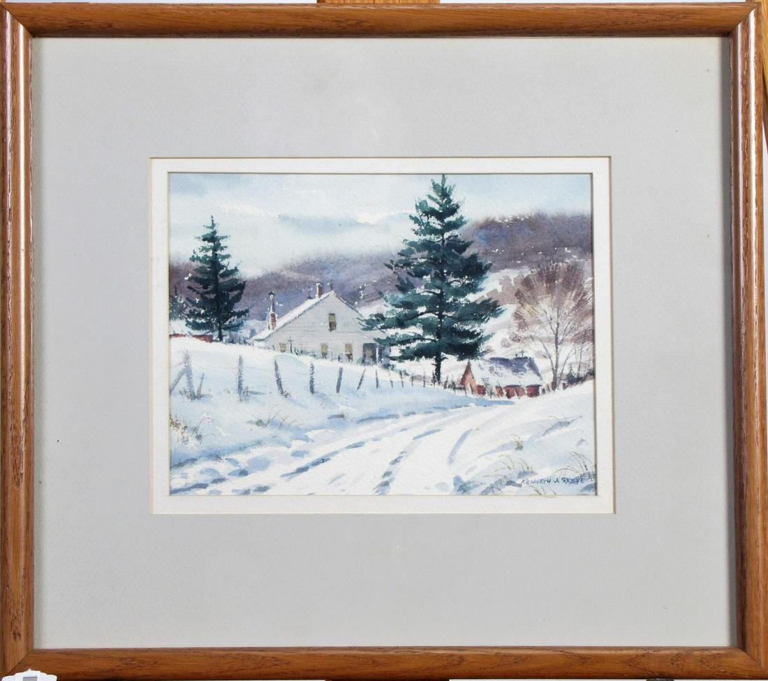 Kenneth J. Reeve 7 x 9 WC "Winter Farm": Kenneth J. Reeve (IN, 1910-2012) 7 x 9 , WC , SLR , "Winter Farm" , Depicting: a snowy farm house with red barn size as framed 14.5 x 16