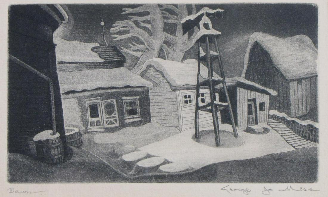 George Jo Mess 4 x 7 Etching, "Dawn": George Jo{seph} Mess (IN, 1898-1962), 4 x 7 etching, signed lower right, "Dawn, depicting a winter homestead; foxing on upper middle of mat; size as framed 12.75" x 14.75"