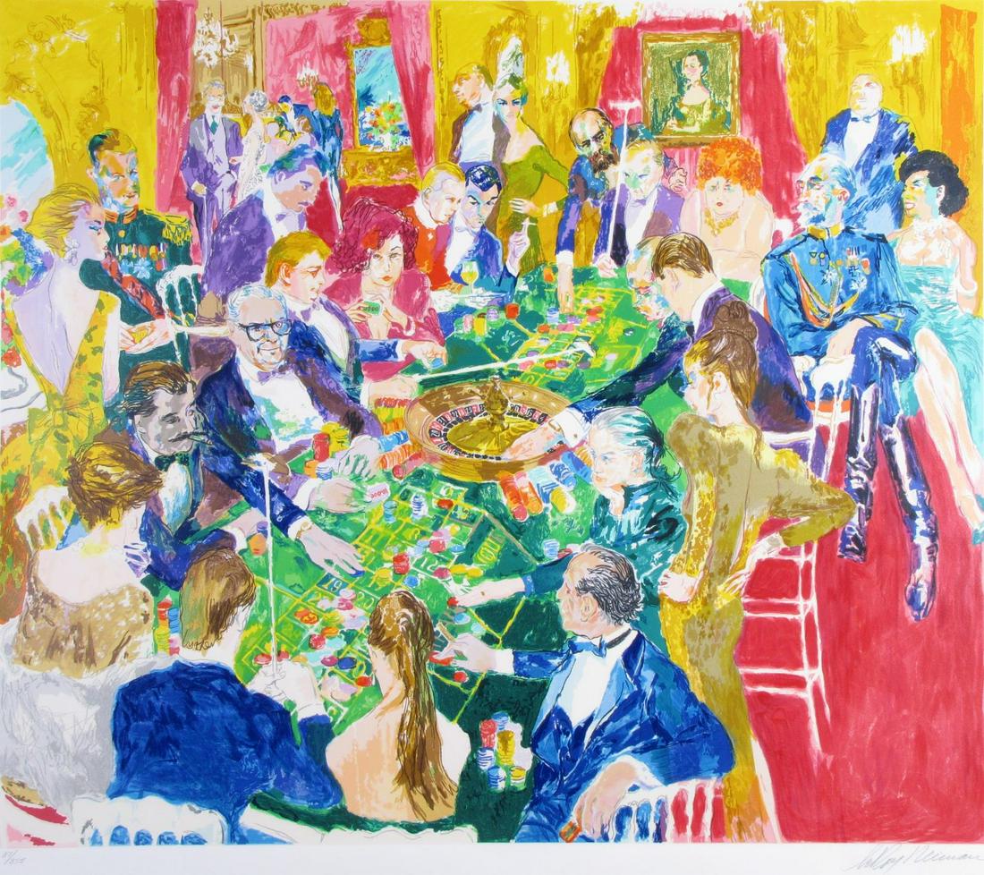 LeRoy Neiman "Baden-Baden" Ltd Ed Serigraph: A LeRoy Neiman original limited edition serigraph, "Baden Baden", 87/375 depicting LeRoy Neiman at roulette table with high rolling cronies, image size 36" x 42"; pencil signed lower right, pencil num