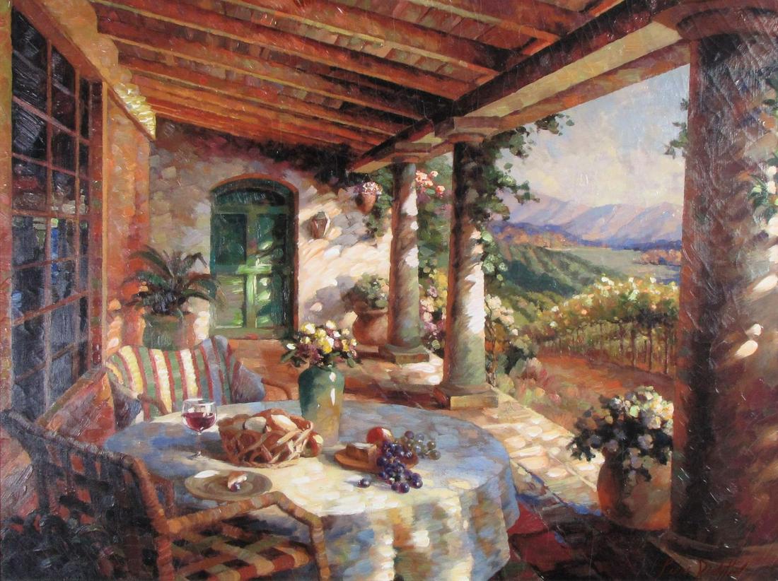 Leon Roulette 30x40 O/C "View from the Veranda": Leon Roulette (CA, b 1959) 30x40 , O/C , signed lower right , "View from the Veranda" , Depicting: California wine country , Inscribed: verso, dated 8/1990 size as framed 35.5 x 45.5