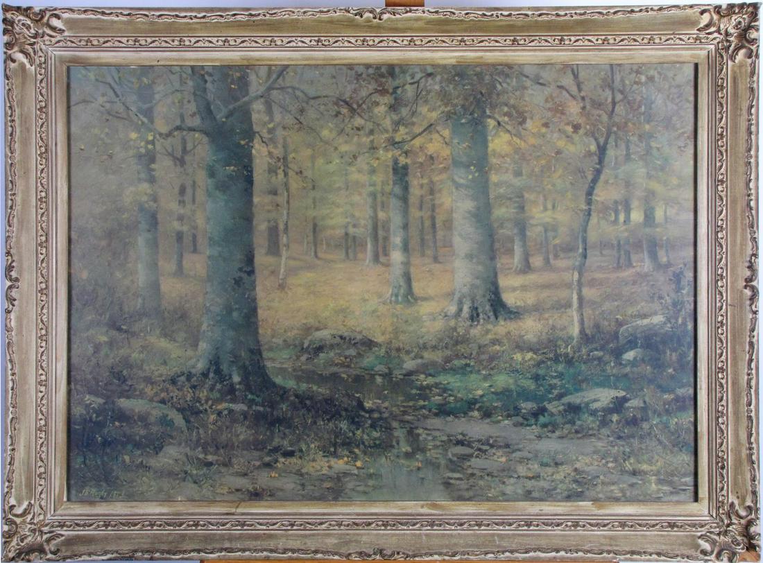 "Falling Leaves", print after John Elwood Bundy: A framed print after an original painting by John Elwood Bundy, (IN, 1853-1933), image 27x39, entitled "Falling Leaves", depicting an interior woods landscape