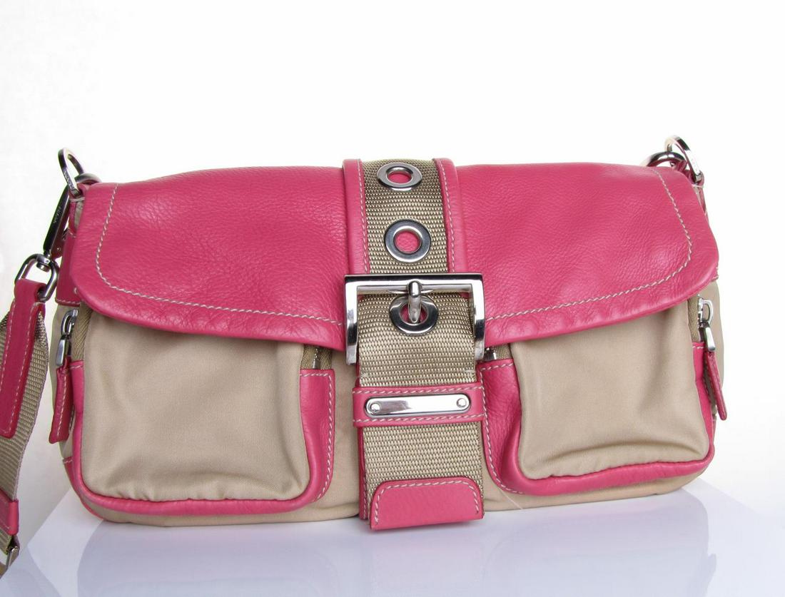 Prada Tessuto + Vitello Cammello & Peony Purse: A Prada Tessuto + Vitello in Cammello & Peony purse, in very nice condition, nearly invisible to the eye marks on bottom of purse, includes authentication ID cards Proceeds to St. Vincent DePaul Food