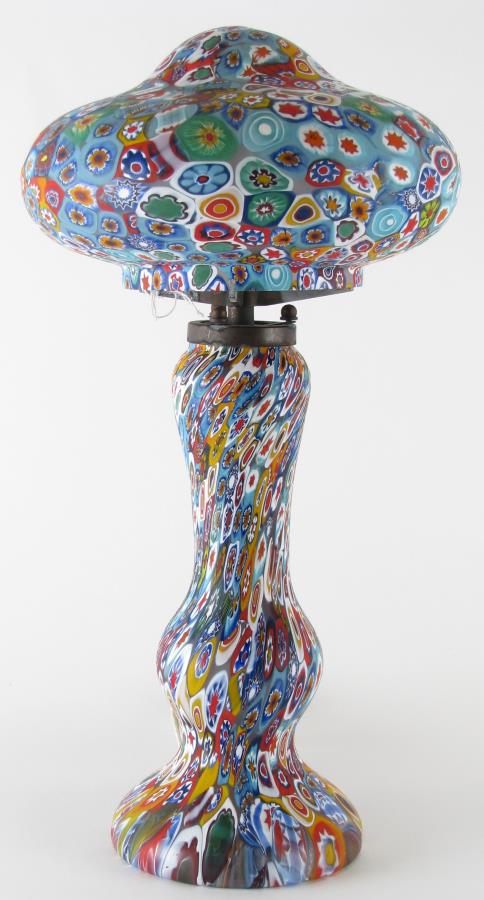 Venetian Millefiori Art Glass Table Lamp: Venetian Millefiori Art Glass Table Lamp, single light lamp with full Millefiori decorated body and separate mushroom shade, 8.5" in diameter and 16.25" high