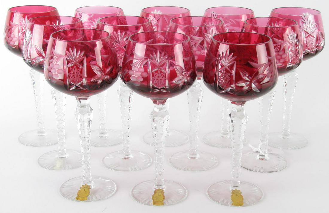 Set of Twelve Imperlux Crystal Wine Glasses: Set of Twelve Imperlux Crystal Wine Glasses, ruby cut to clear cups with clear cut crystal stems, frosted fruit decoration, three with original labels; 8" high