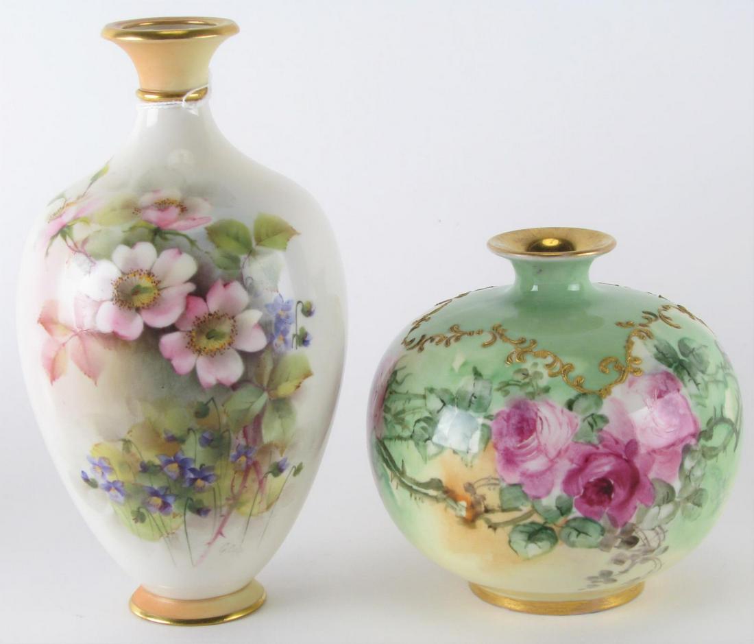 Belleek and Royal Worcester Porcelain Vases: Belleek and Royal Worcester Porcelain Vases, Belleek Willets vase with hand painted and enameled red rose decoration, narrow opening decorated in gold, hallmarked on underside; Royal Worcester vase wi