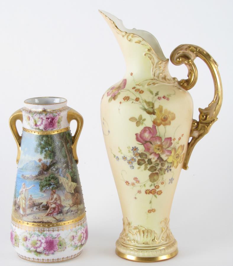 Royal Worcester Ewer and Royal Vienna Vase: Royal Worcester Ewer #1587 with hand painted floral decoration, purple hallmark on underside and numbered "RaNo 189328"; Royal Vienna Odysseus and calypso decorated handled vase, beehive hallmark on u