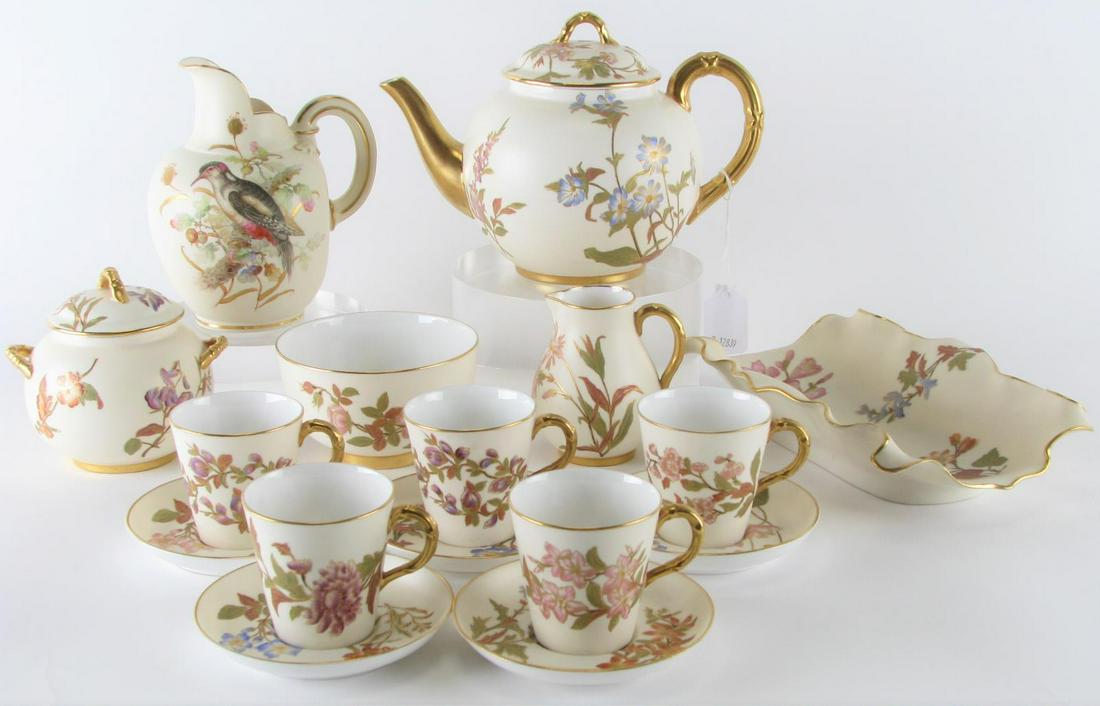 16 Piece Set of Royal Worcester Porcelain: 16 Piece Set of Royal Worcester Porcelain including: teapot, creamer, lidded sugar; five cups and saucers; bowl, pitcher, dish; all with hand painted floral decoration and hallmarked on underside; .75