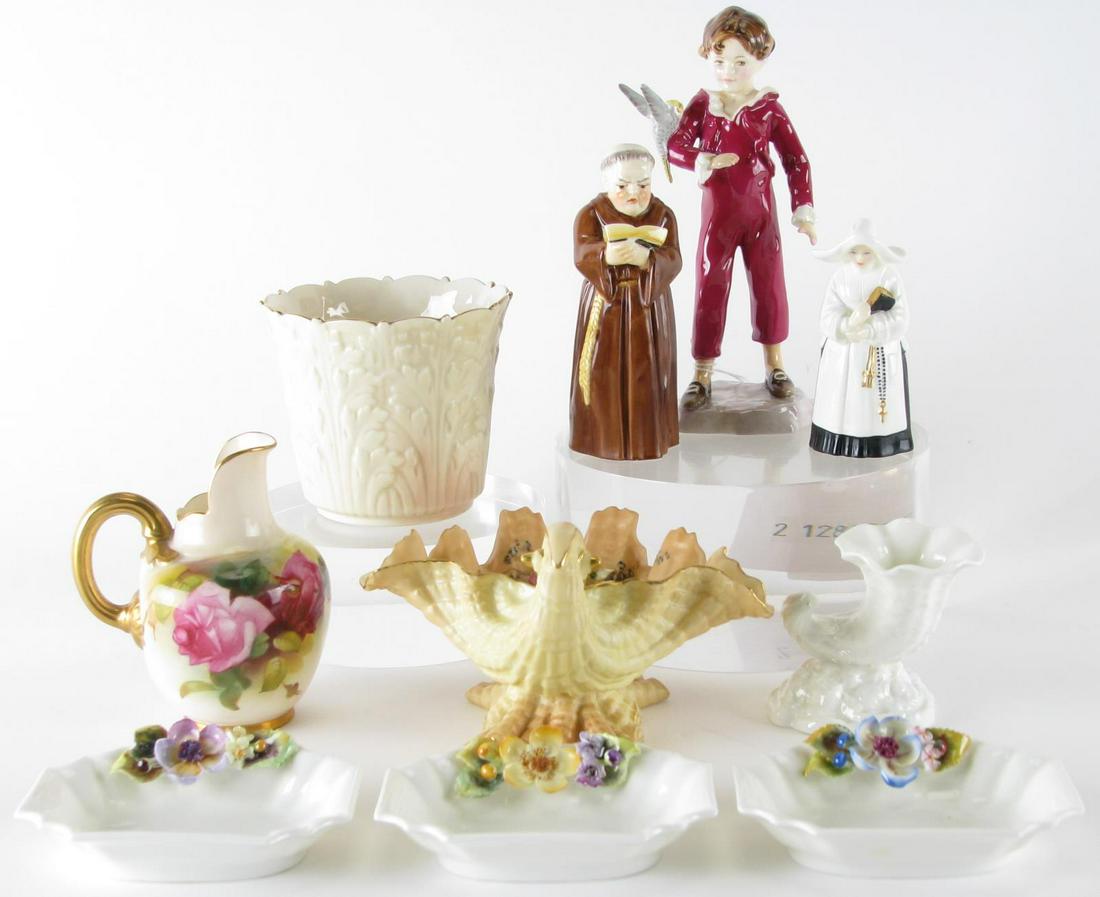 Ten Pieces of Royal Worcester Porcelain: Ten Pieces of Royal Worcester Porcelain, including: three floral decorated nut dishes; cornucopia bud vase; Shrub Hill Works Worcester bowl; shell dish with British flag stamp on underside; creamer; n