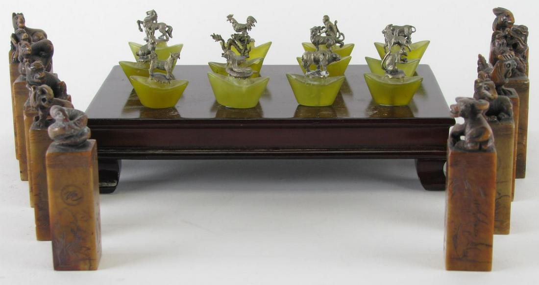 Set of Chinese Zodiac Seals and Figures: Set of Chinese Zodiac Seals and Figures, set of twelve Shoushan stone carved seals decorated with each zodiac figure; set of twelve metal zodiac figures attached to carved stone bases, with wood carve