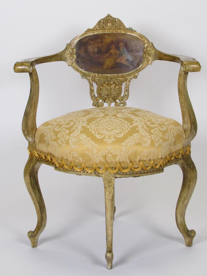 Antique French Medallion Back Corner Chair: An antique French corner chair, with medallion back having painted romance scene, carved and gesso painted frame, ca 19th century, 33.5"h