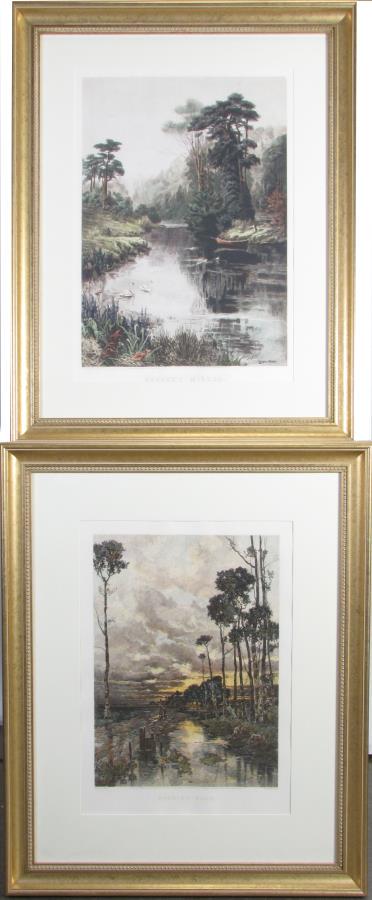 Pair of Framed Color Etchings: A pair of framed color etchings, including "Nature's Mirror", painted by Douglas Adams, etched by another, and "Evening Glow", painted by C Heffner, etched by TH Chauves, each size as framed 37 x 20 i