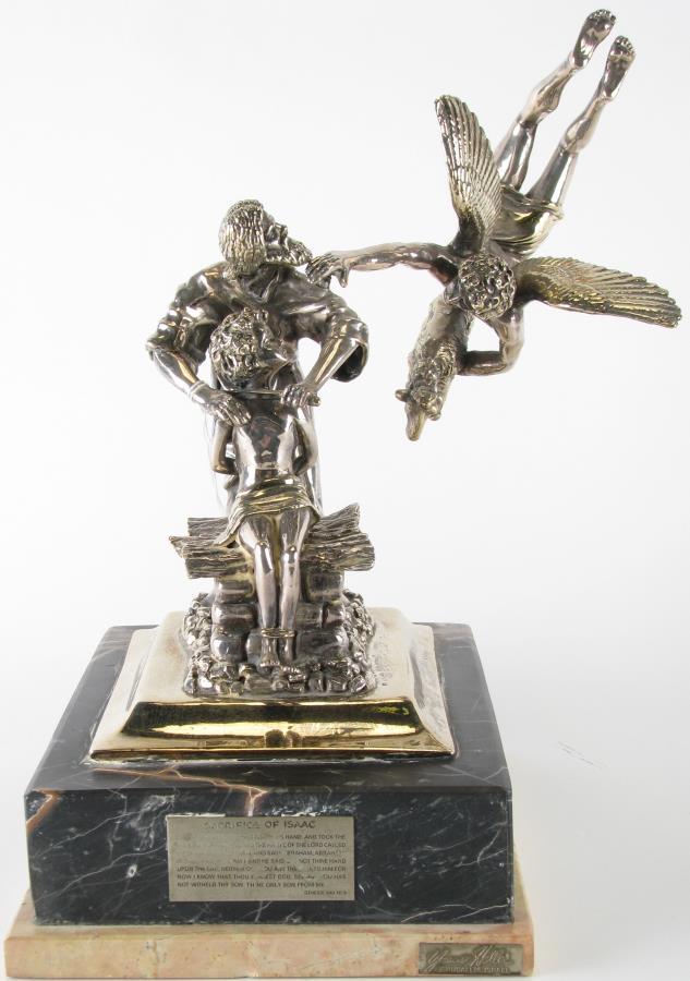 Yaacov Heller Sterling "Sacrifice of Isaac": Yaacov Heller Sterling "Sacrifice of Isaac", Yaacov Heller (Israel, b. 1941), on tiered marble plinth with badge that reads excerpt from Genesis XXII 10-3, hand signed by artist and numbered "1/C", ar
