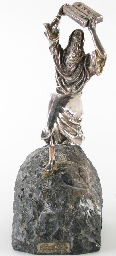 Yaacov Heller Sterling "Moses on Mt Sinai": Yaacov Heller Sterling "Moses on Mt Sinai", Yaacov Heller (Israel, b.1941), depicting Moses holding up the Ten Commandments atop Mt Sinai, hand signed and numbered "18/A", 4.25" x 6" x 11.25" high