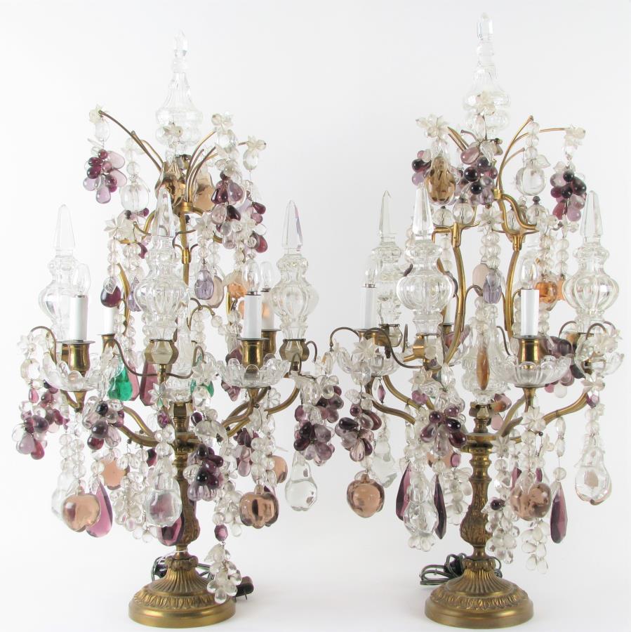 Pair of Vintage Glass and Metal Lamps: Pair of Vintage Glass and Metal Lamps, four light lamps with purple, peach and green glass hanging fruit, five clear cut glass decorative finials, clear and purple hanging prisms, 27.5" high