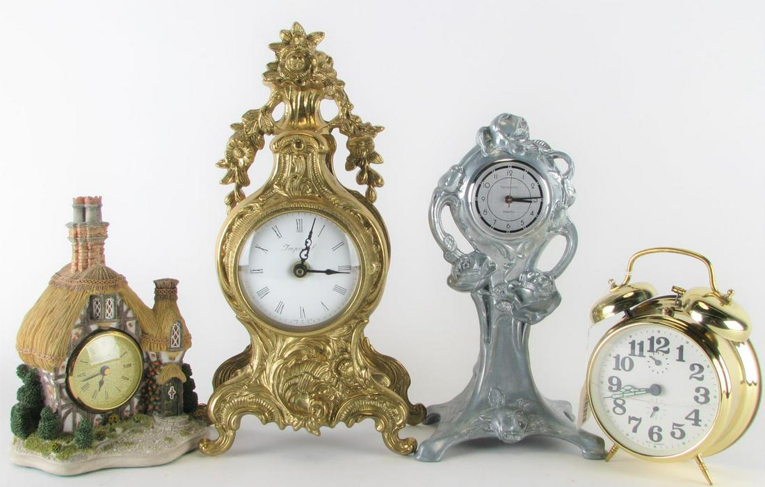Four Decorative Clocks: Four Decorative Clocks, Imperial brass shelf clock, made in Italy; Sarsaparilla pewter clock with rose decoration; Father Time 'Manor House Clock', hand made and painted, ca.1993; West German brass be