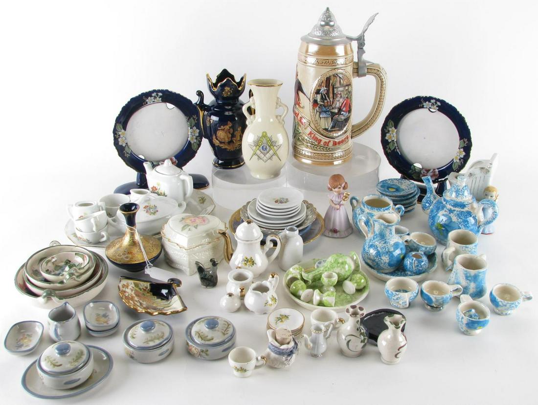 Collection of Decorated Porcelain: Collection of Decorated Porcelain, 86 total including: miniature tea and china sets; oriental decorated vase and dish; cobalt picture frames; stein, Masonic vase, etc.; 2.5"-9.25" high
