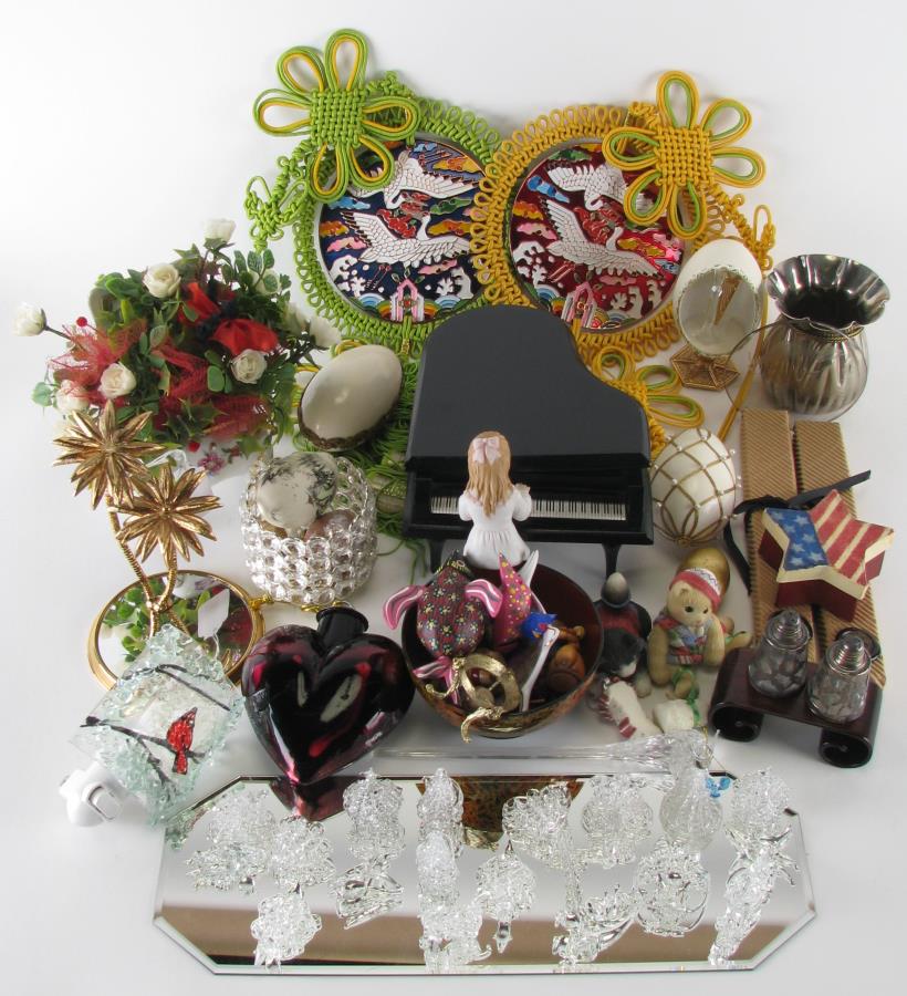Collection of Decorative Accessories: Collection of Decorative Accessories, including: wooden piano music box; glass figures; decorative eggs; pottery figures; oriental wall hangings; silverplate vase, 3.75" high, etc.
