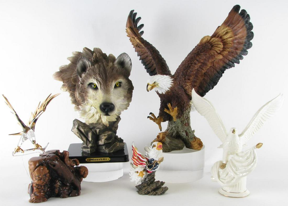 Five Decorative Eagle and Wolf Figures: Five Decorative Eagle and Wolf Figures, including: Wellington Collection resin eagle with spread wings and talons, on oval base; Meerchi resin wolf bust on black base; Lenox porcelain "The Eagle of Fr