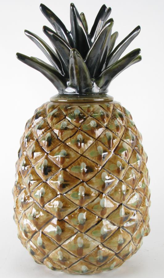 Louisville Stoneware Pineapple Cookie Jar: Louisville Stoneware Pineapple Cookie Jar, pineapple form jar with tan, brown and white glazes, hallmarked on underside of jar and lid, 19" high