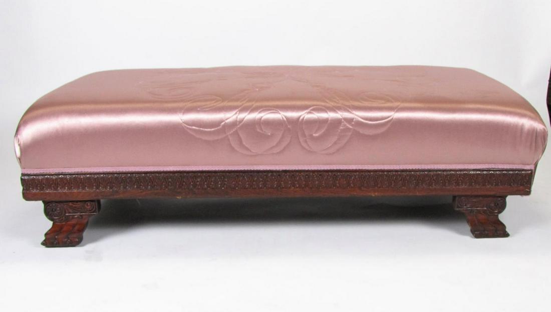 Upholstered Bed Bench: An upholstered bed bench with pink 'silk' upholstery, carved frame and carved legs, 58 x 29 x 17