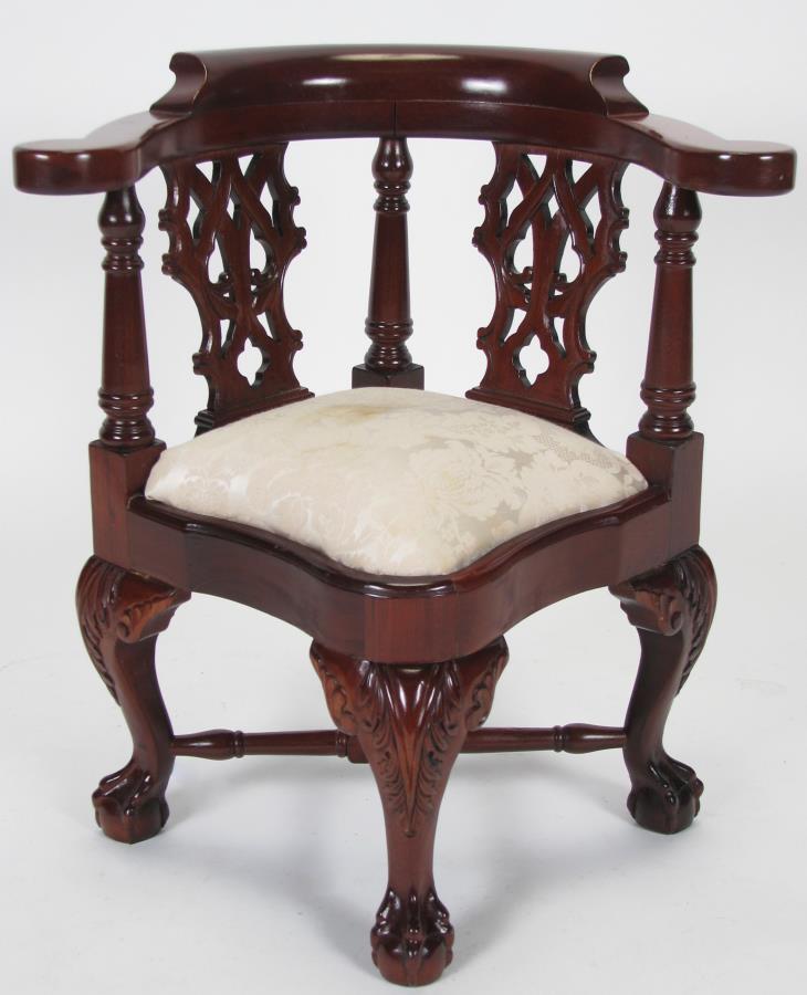 Chippendale Style Child's' Corner Chair: A Chippendale period style child's corner chair, with upholstered seat (upholstery is stained)