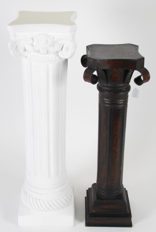 Two Plant Pedestals: Two plant pedestals, including a plaster pedestal in Greek column motif, and a tin pedestal with painted finish, 31" and 36"h
