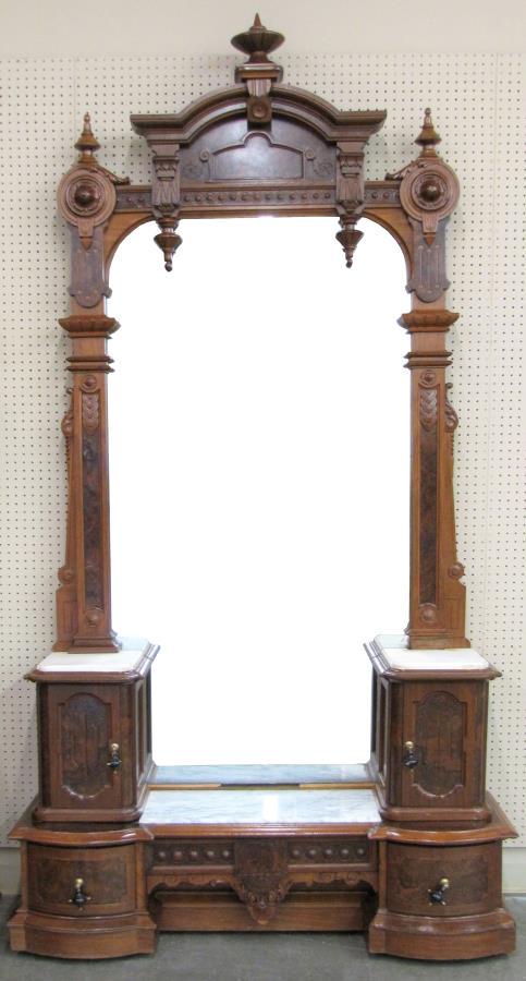 Exceptional Victorian Dressing Mirror: A very fine quality Victorian Renaissance Revival dressing mirror, with drawer pedestals, cabinet doors reveal three interior drawers, walnut frame with burl veneer, three piece marble tops (one repai