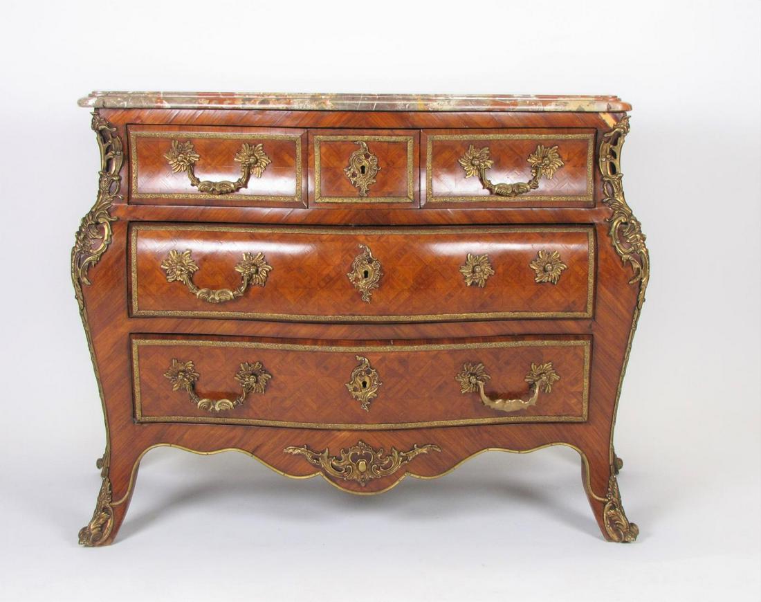 Louis XV Style Marble Top Commode: A Louis XV style marble top commode, mounted ormolu, marquetry veneer, 5 drawers, ca mid 20th century, 46 x 20 x 34"h, missing trim upper right
